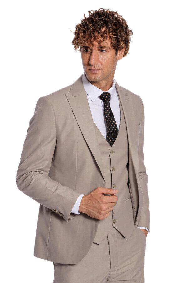 WSS Plain Slim Fit Light Brown Men Suit  - Singen