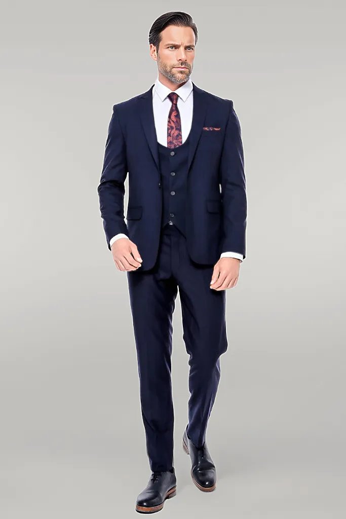 WSS Plain Slim Fit Navy Blue Men Suit  - Singen