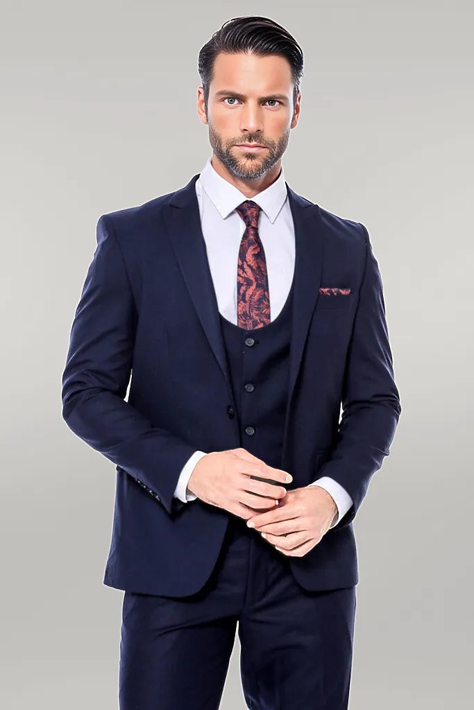 WSS Plain Slim Fit Navy Blue Men Suit  - Singen