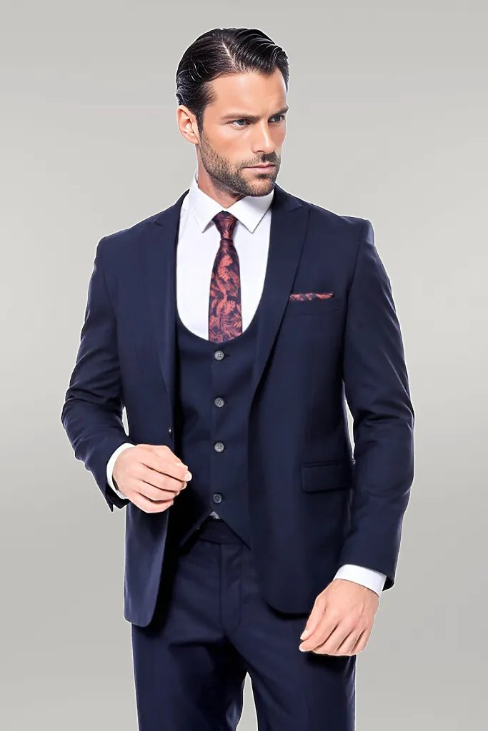 WSS Plain Slim Fit Navy Blue Men Suit  - Singen