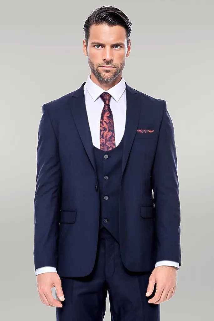 WSS Plain Slim Fit Navy Blue Men Suit  - Singen