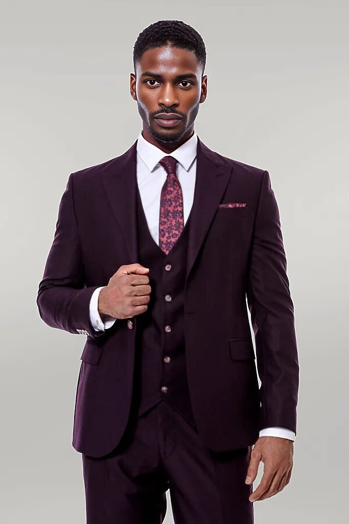 WSS Plain Wide Lapel Burgundy Men Suit  - Singen