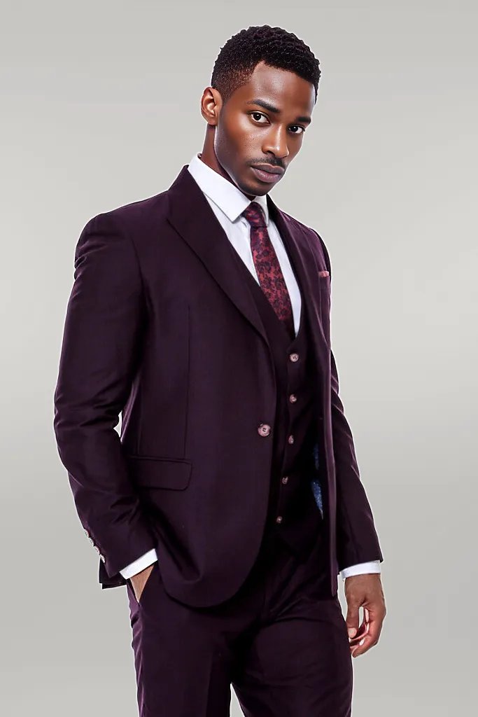 WSS Plain Wide Lapel Burgundy Men Suit  - Singen