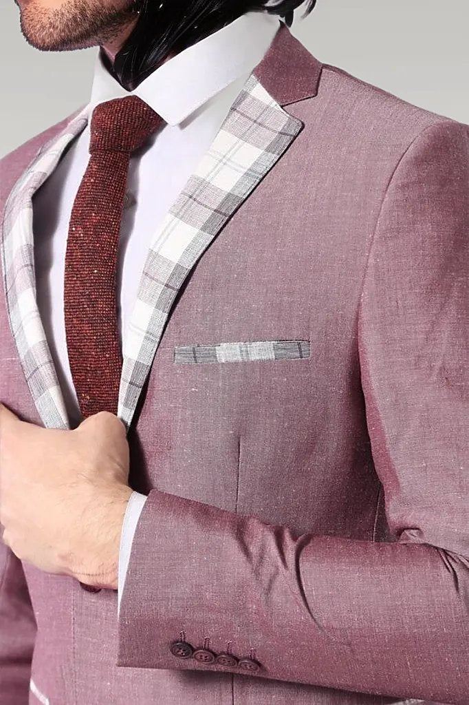 WSS Pocket and Collar Plaid Mens Linnen Burgundy Blazer  - Singen