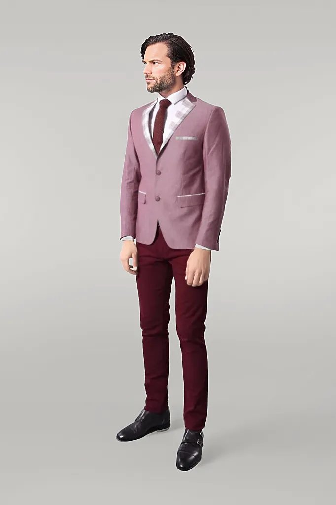 WSS Pocket and Collar Plaid Mens Linnen Burgundy Blazer  - Singen