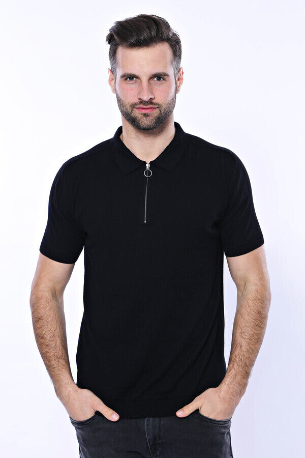 WSS Polo Neck Plain Black Knitted T-Shirt  - Singen