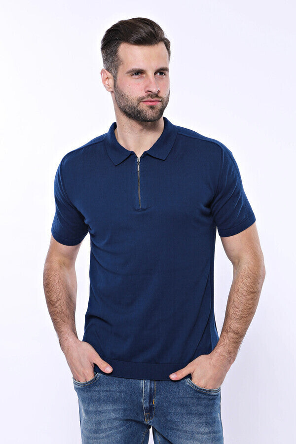 WSS Polo Neck Plain Blue Knitted T-Shirt  - Singen