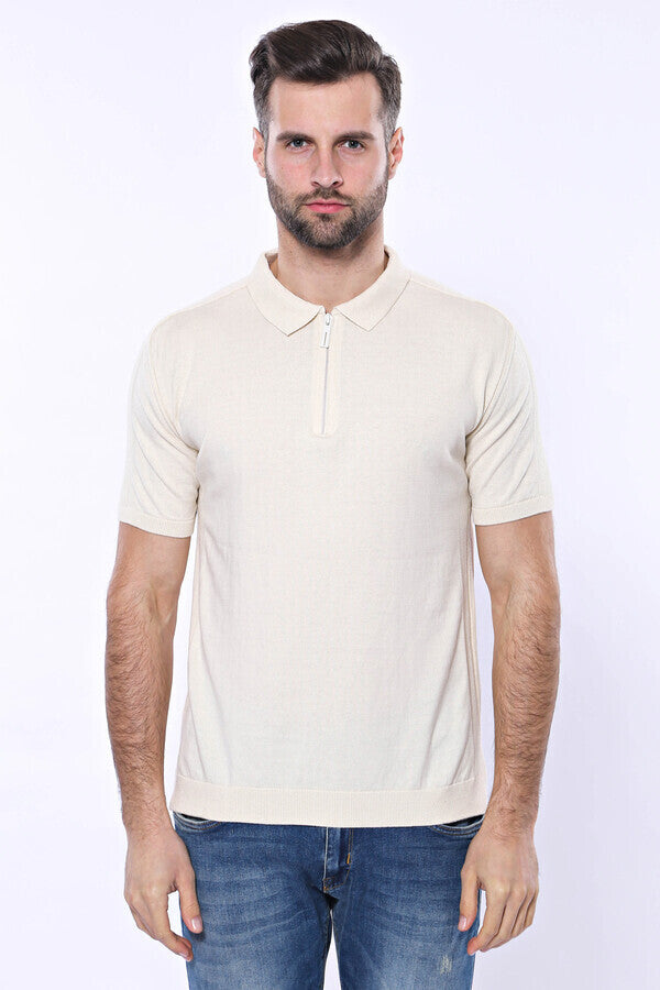 WSS Polo Neck Plain Cream Knitted T-Shirt  - Singen