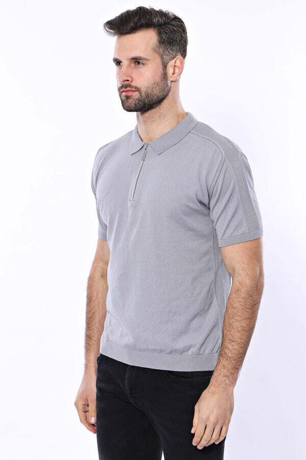 WSS Polo Neck Plain Grey Knitted T-Shirt  - Singen