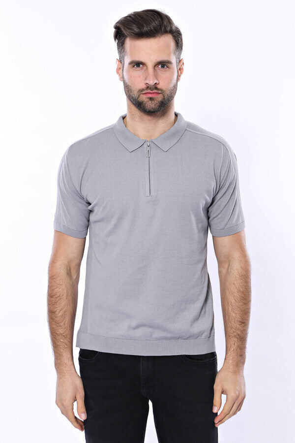 WSS Polo Neck Plain Grey Knitted T-Shirt  - Singen