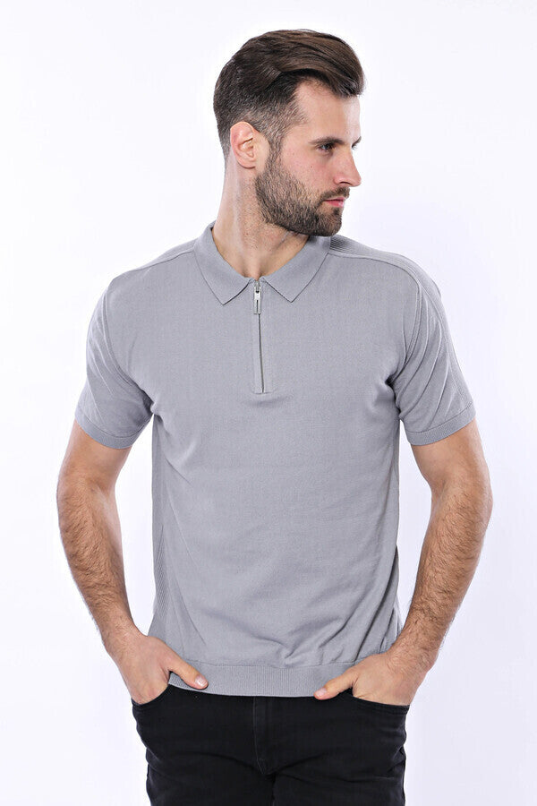 WSS Polo Neck Plain Grey Knitted T-Shirt  - Singen