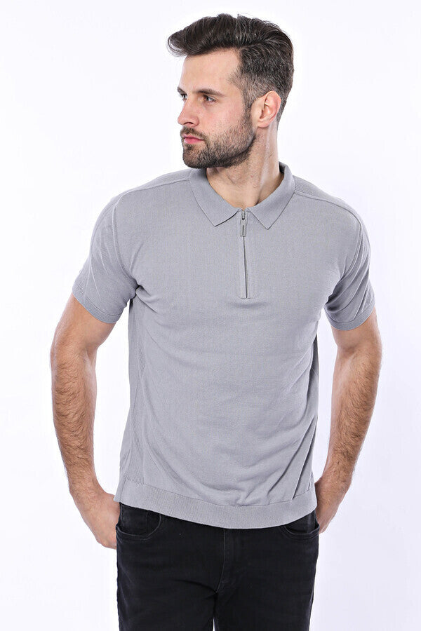 WSS Polo Neck Plain Grey Knitted T-Shirt  - Singen