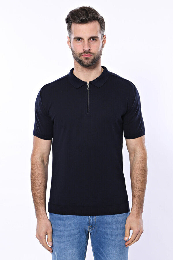 WSS Polo Neck Plain Navy Knitted Blue Men T-Shirt  - Singen