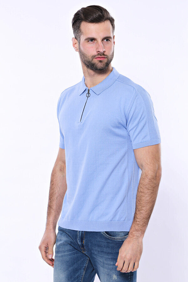 WSS Polo Neck Plain Sky Blue Knitted T-Shirt  - Singen