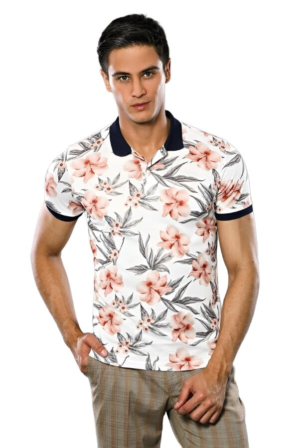 WSS Polo Neck Floral Patterned Men Cream T-Shirt  - Singen