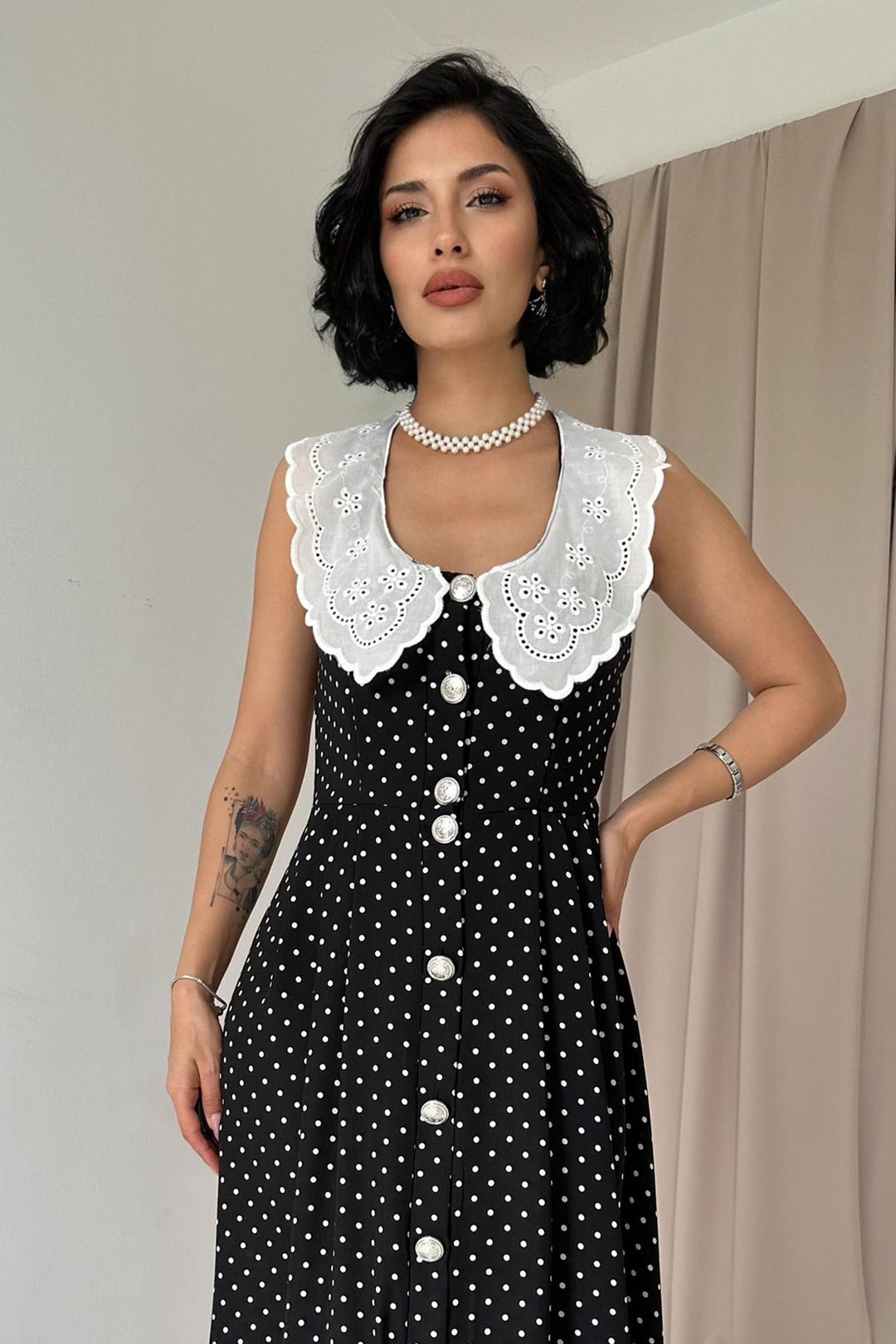 ELS Polka Dot Baby Collar Dress - Black - Beringen