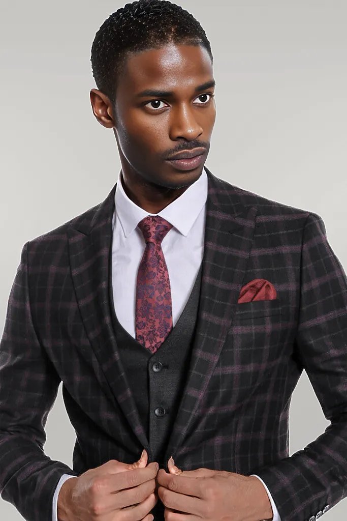 WSS Purple Vested Slim Fit Checked Black Men Suit  - Singen