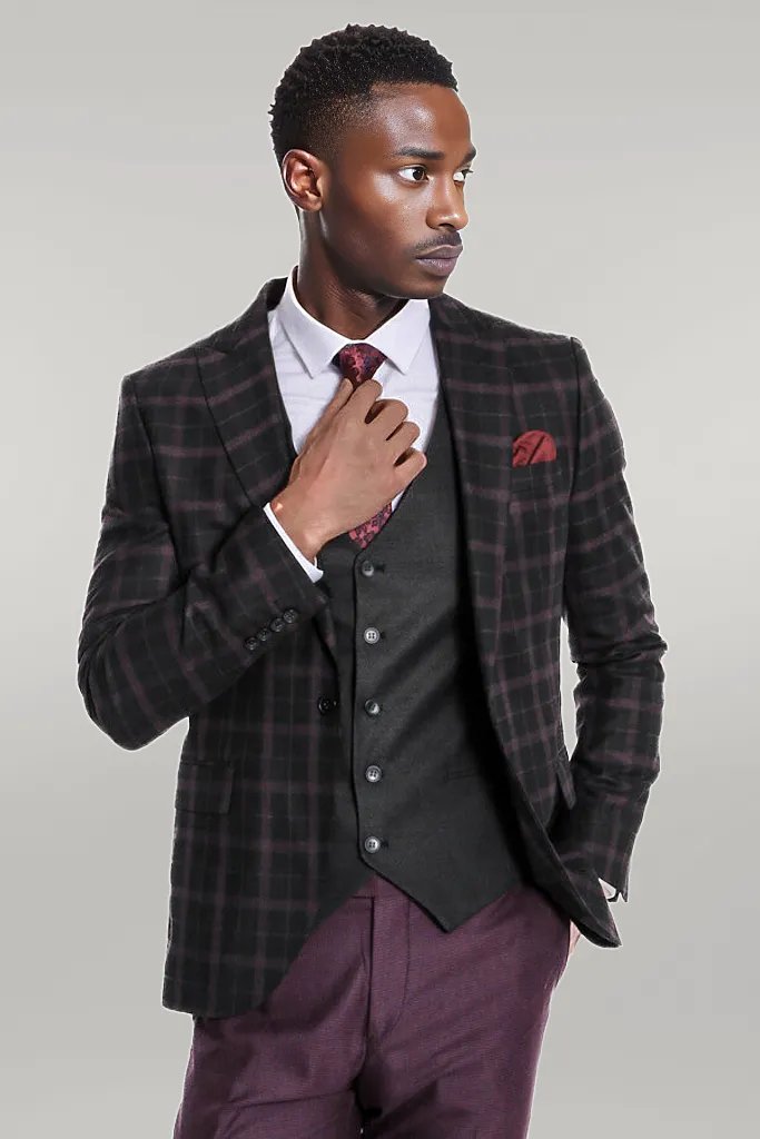 WSS Purple Vested Slim Fit Checked Black Men Suit  - Singen