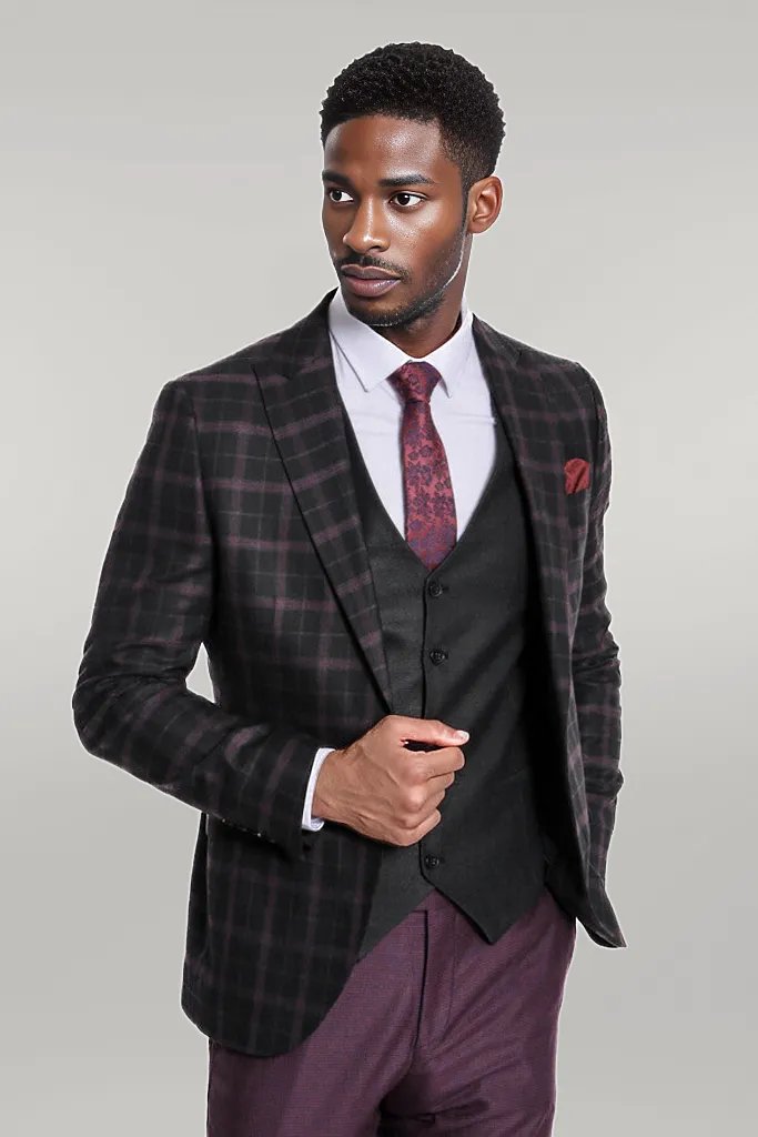 WSS Purple Vested Slim Fit Checked Black Men Suit  - Singen