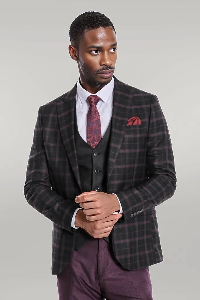 WSS Purple Vested Slim Fit Checked Black Men Suit  - Singen