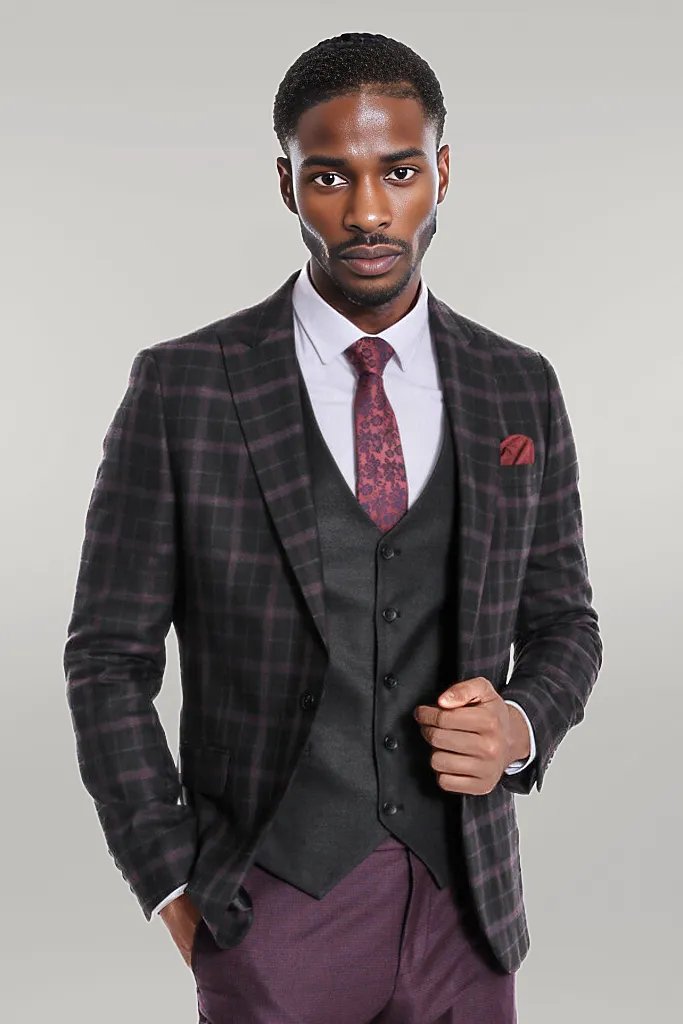 WSS Purple Vested Slim Fit Checked Black Men Suit  - Singen