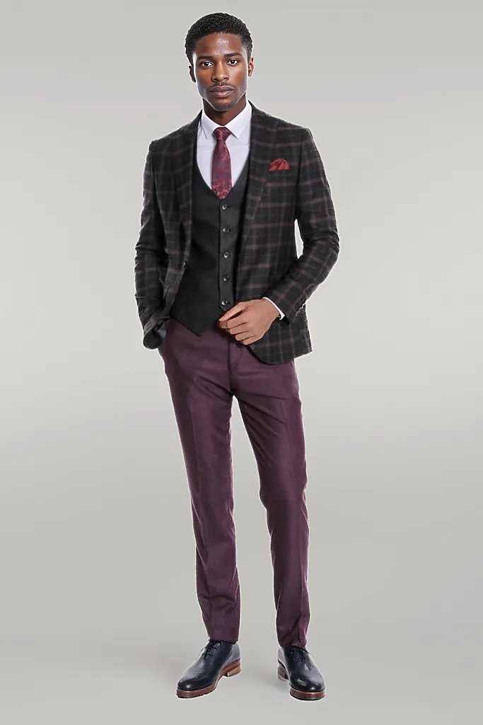 WSS Purple Vested Slim Fit Checked Black Men Suit  - Singen