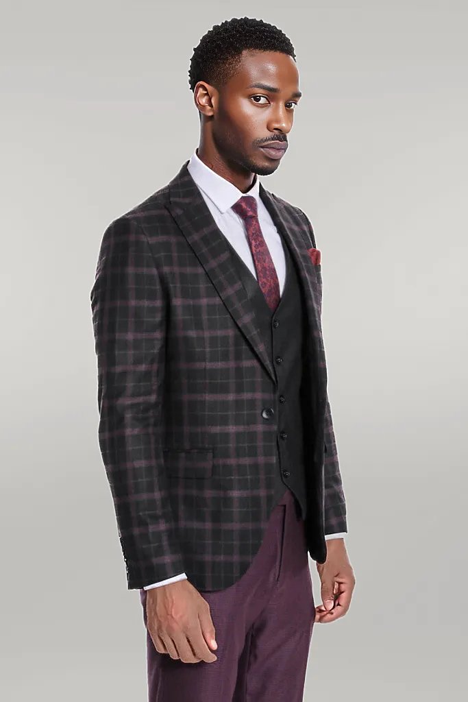 WSS Purple Vested Slim Fit Checked Black Men Suit  - Singen