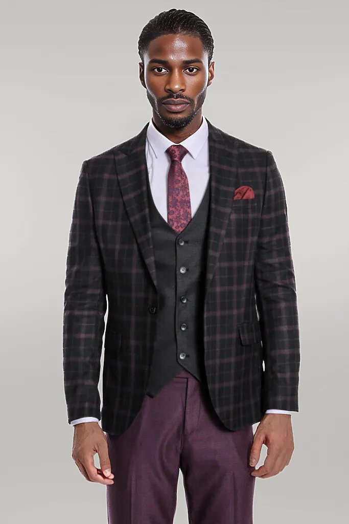 WSS Purple Vested Slim Fit Checked Black Men Suit  - Singen