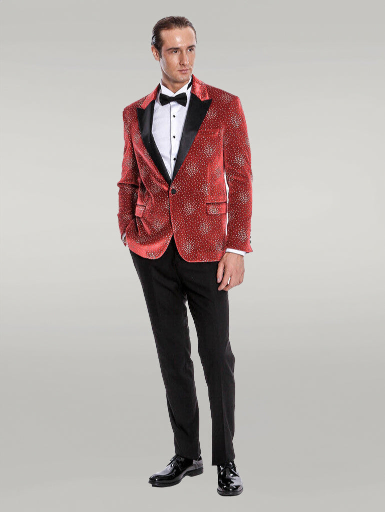 WSS Dot Patterned Peak Lapel Burgundy Men Prom Blazer  - Singen