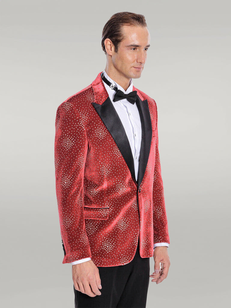 WSS Dot Patterned Peak Lapel Burgundy Men Prom Blazer  - Singen