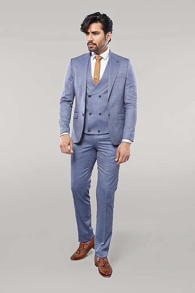 WSS Self Patterned Vested Blue Suit  - Singen