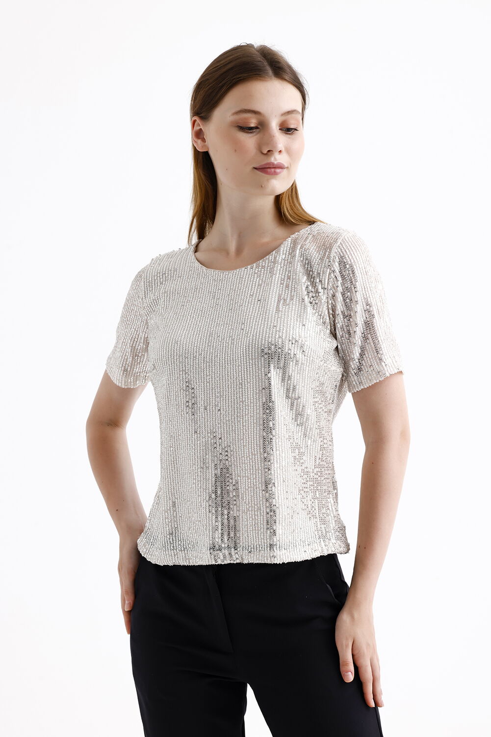 SNS Sense Beige Short Sleeve Sequined Evening Blouse - Rowland Heights