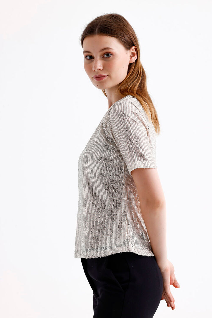 SNS Sense Beige Short Sleeve Sequined Evening Blouse - Rowland Heights