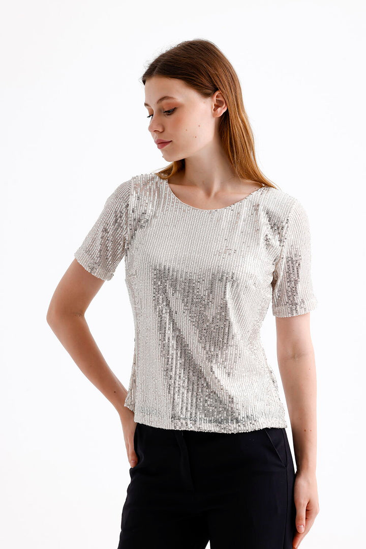 SNS Sense Beige Short Sleeve Sequined Evening Blouse - Rowland Heights