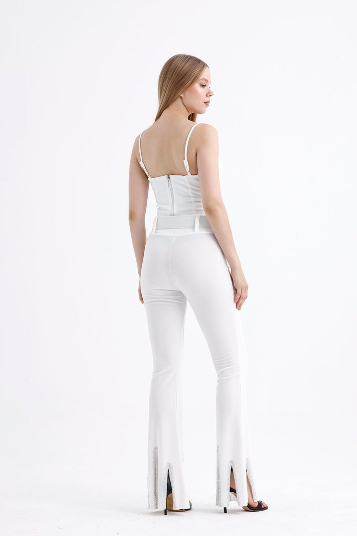 SNS Sense White Belted Stone Detailed Evening Trousers - Warner Robins