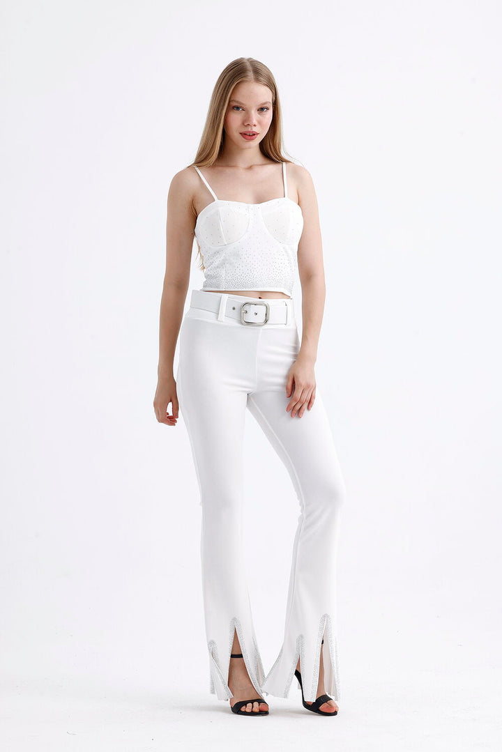 SNS Sense White Belted Stone Detailed Evening Trousers - Warner Robins