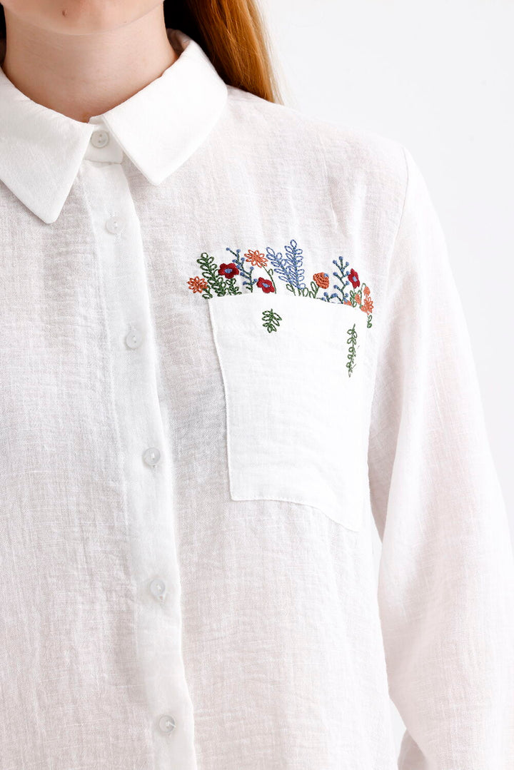 SNS Sense White Embroidered Detail Linen-Look Baby Collar Women's Shirt - Bournemouth