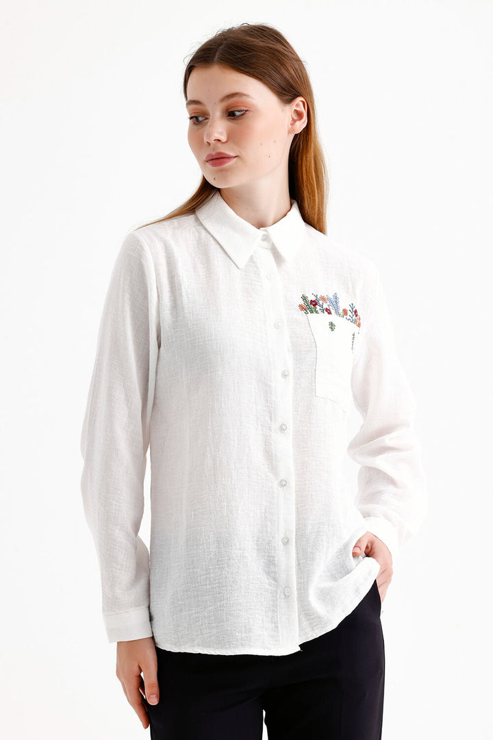 SNS Sense White Embroidered Detail Linen-Look Baby Collar Women's Shirt - Bournemouth