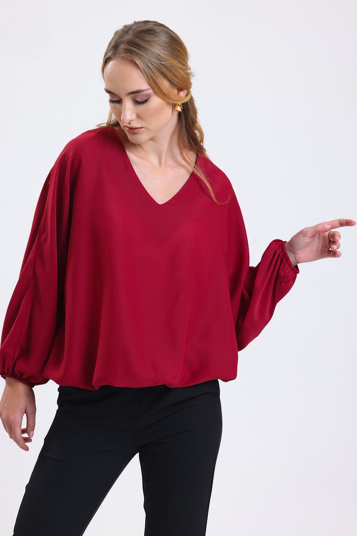 SNS Sense Bordeaux Collar-Trimmed Hem Elasticated Jesika Blouse - Tampico