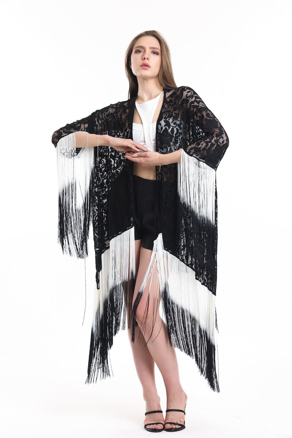 SNS Sense Ecru Black Tasseled Short Lace Kimono - Cozumel