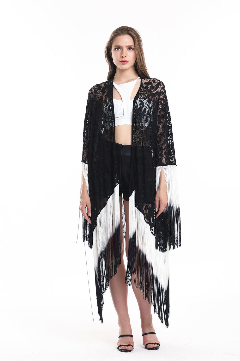 SNS Sense Ecru Black Tasseled Short Lace Kimono - Cozumel