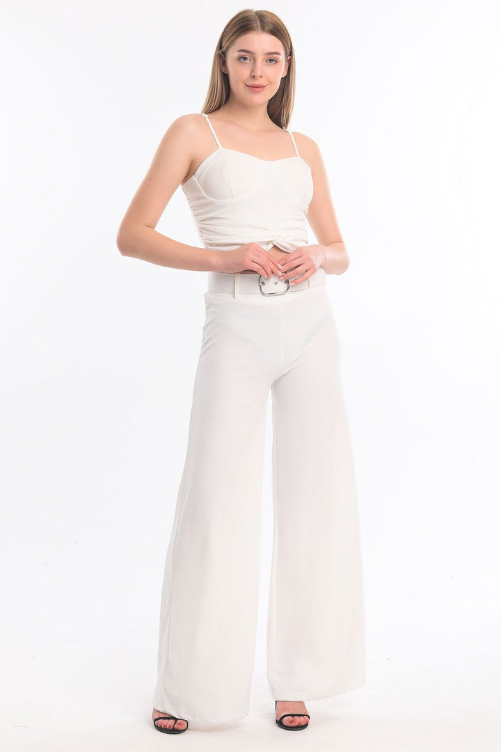 SNS Beige Sides Fabric Coated Belted Spanish Flare Scuba Crepe Pants - Jocotitlán