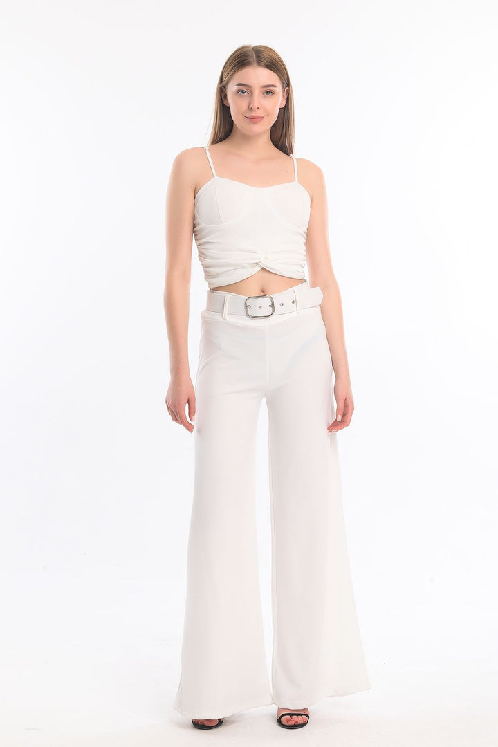 SNS Beige Sides Fabric Coated Belted Spanish Flare Scuba Crepe Pants - Jocotitlán