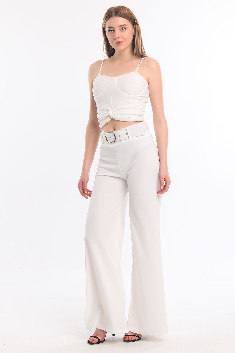 SNS Beige Sides Fabric Coated Belted Spanish Flare Scuba Crepe Pants - Jocotitlán