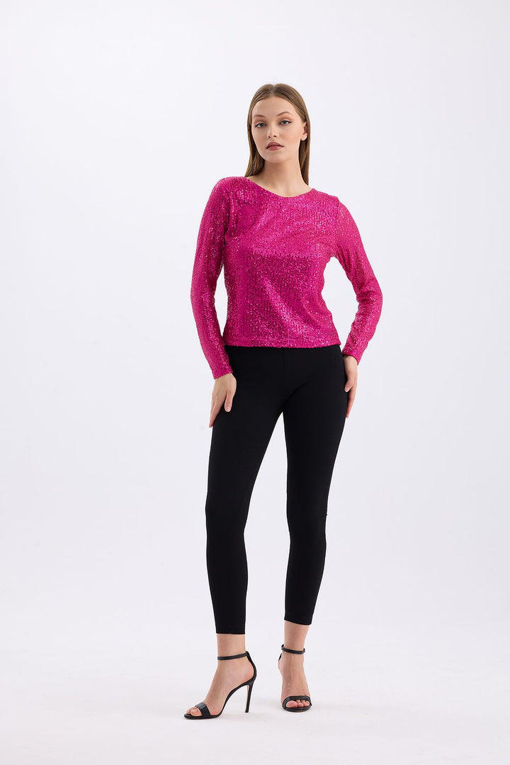 SNS Fuchsia Lined Sequin Embellished Evening Blouse - Waterloo