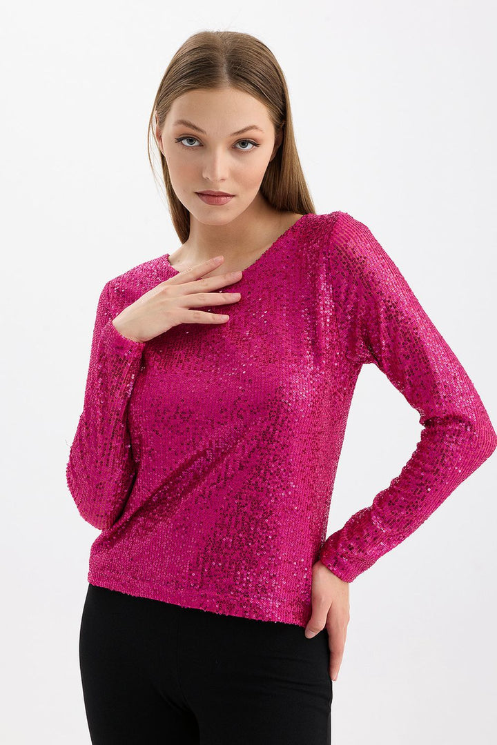 SNS Fuchsia Lined Sequin Embellished Evening Blouse - Waterloo