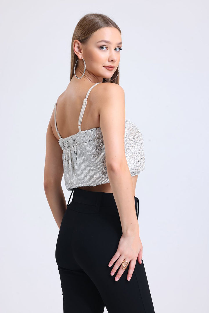 SNS Sense Silver Sequined Evening Dress Bustier - Greenwood