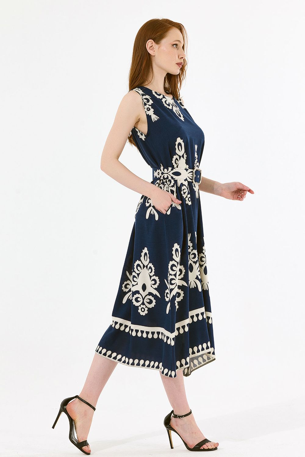 SNS Sense Navy Belt Detailed Long Empire Viscose Jacket Dress - Winsford