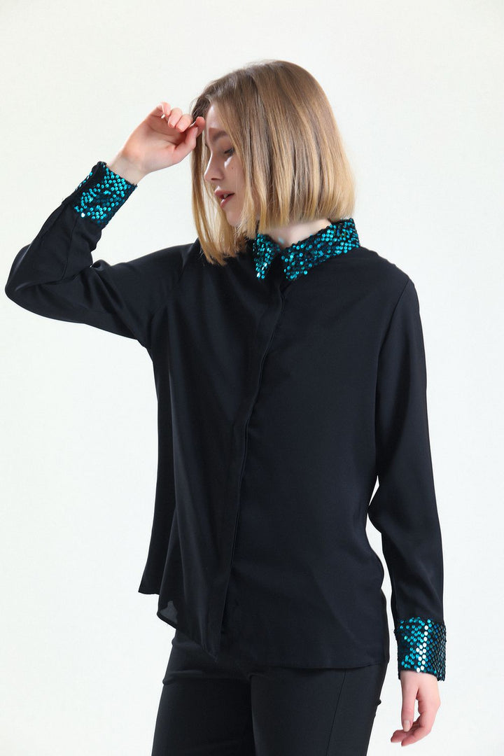 SNS Sense Petrol Black Velvet Sequined Buttoned Jesika Shirt - Troisdorf