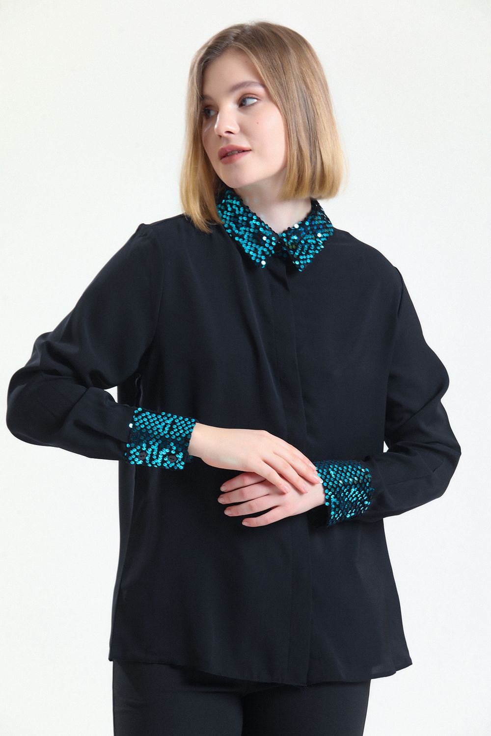 SNS Sense Petrol Black Velvet Sequined Buttoned Jesika Shirt - Troisdorf